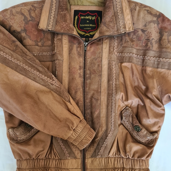 80s VINTAGE LEATHER JACKET Size 8-14 shoulder pads tan floral - Picture 4 of 14